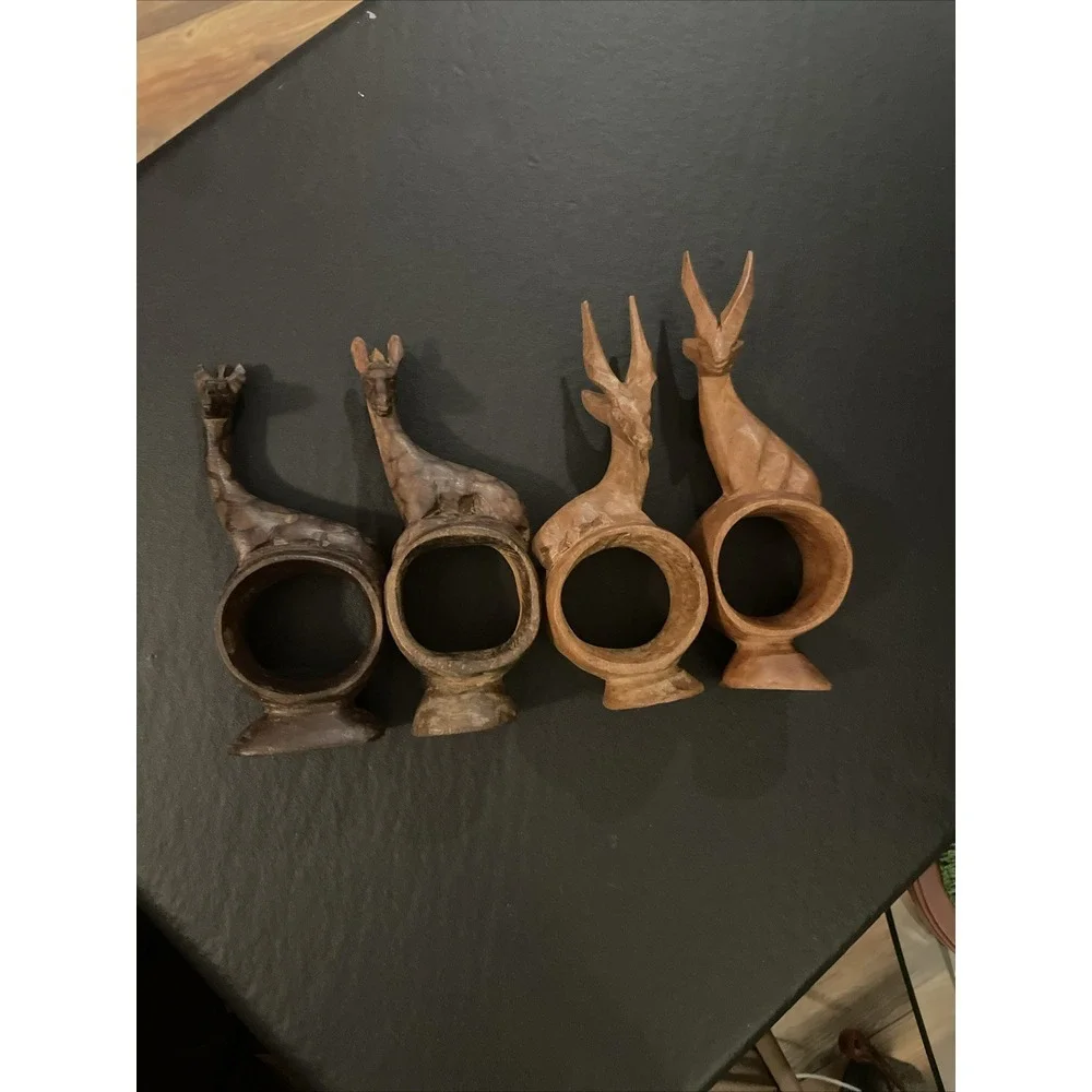 Hand Carved Wooden African Animal‎ Napkin Ring Holders Vintage Set Of 4 Animals
